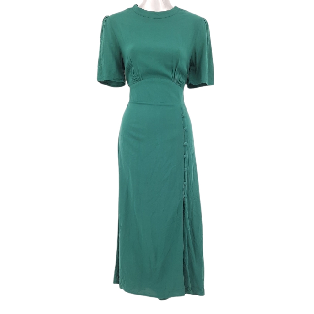ASOS DESIGN Forest Green Midi Tea Dress with Buttons Round Neck Short Sleeves 8